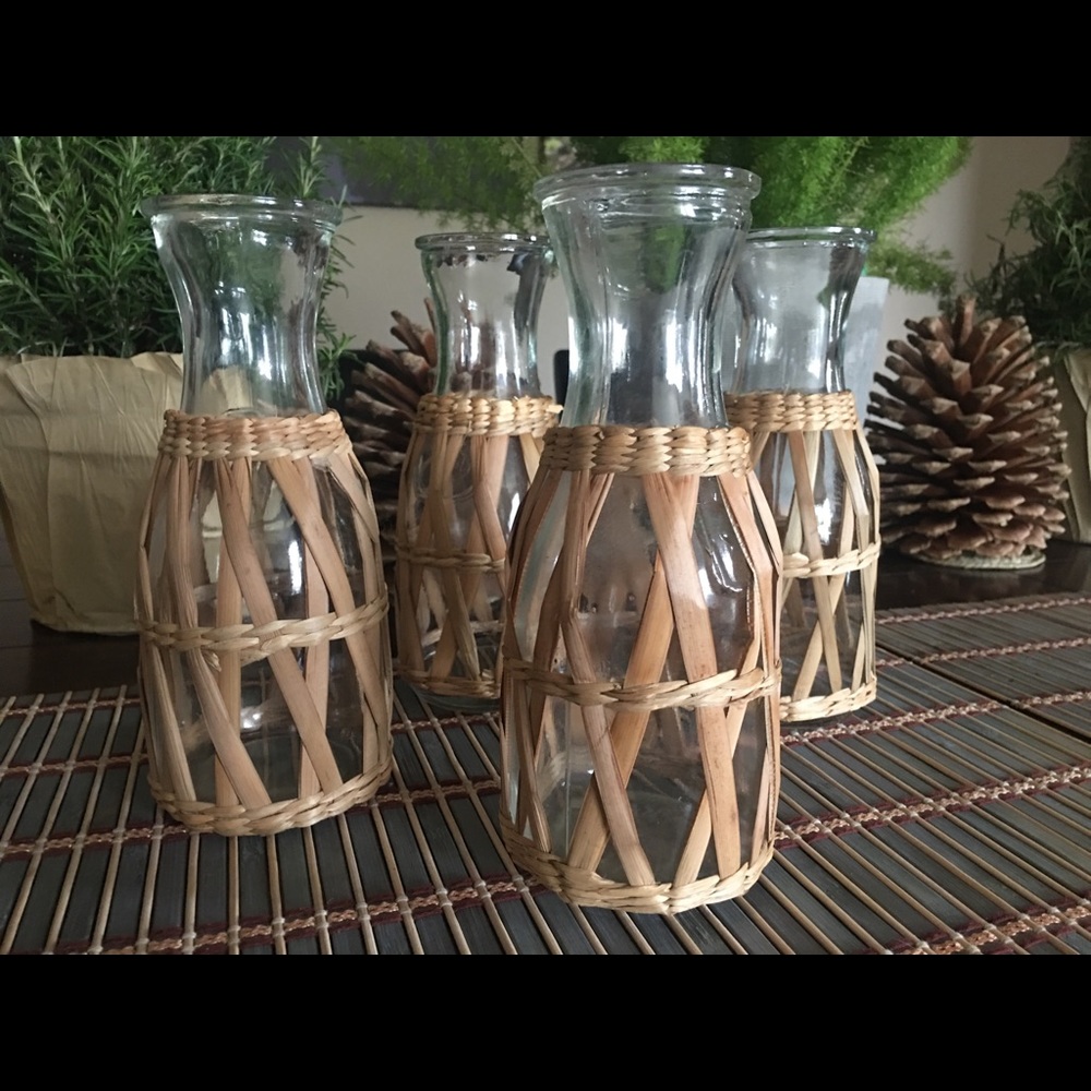 Wicker & Glass Vases - Set of 4